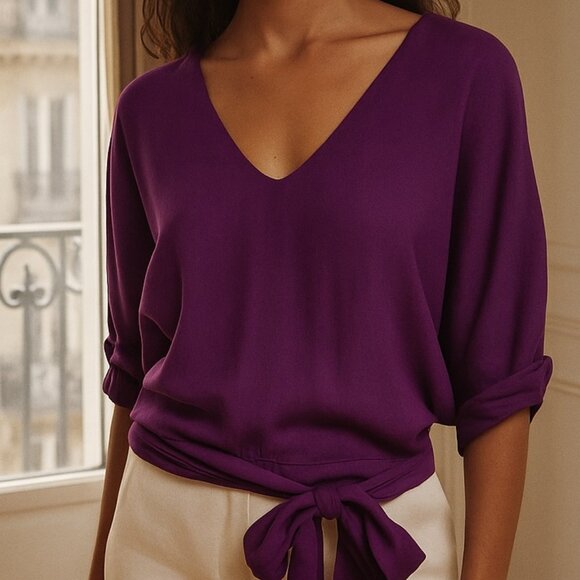 Diane Von Furstenberg Purple Silk Tie Waist Dolman Sleeve Top Blouse 6 - Picture 1 of 10